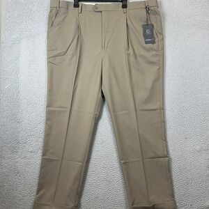 NEW GS Performance Pants Men 48X32 Khaki Beige Pleated Dress Cuffed Straight Fit